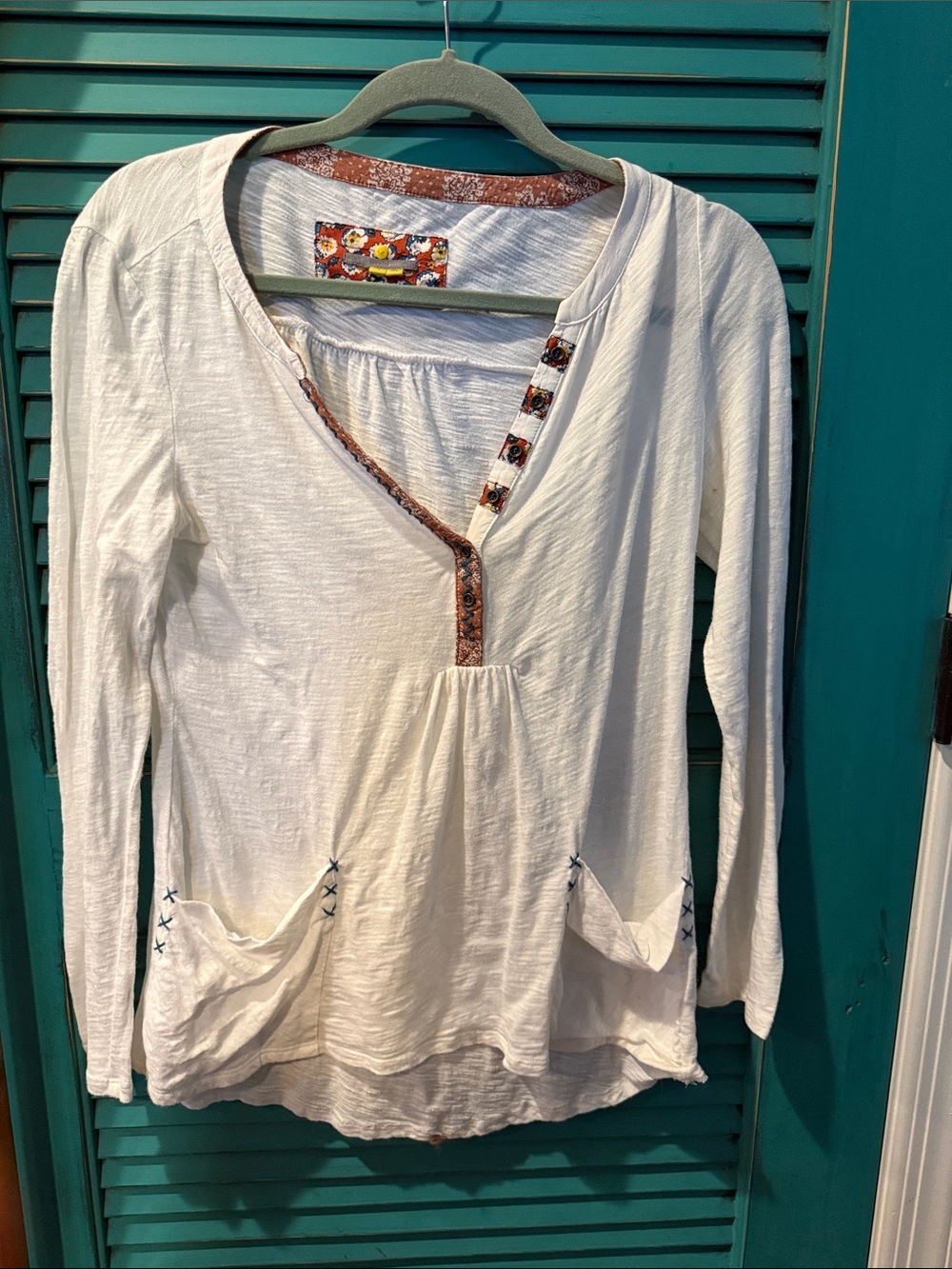 Anthropologie Cream Long-Sleeve Henley with Floral Trim